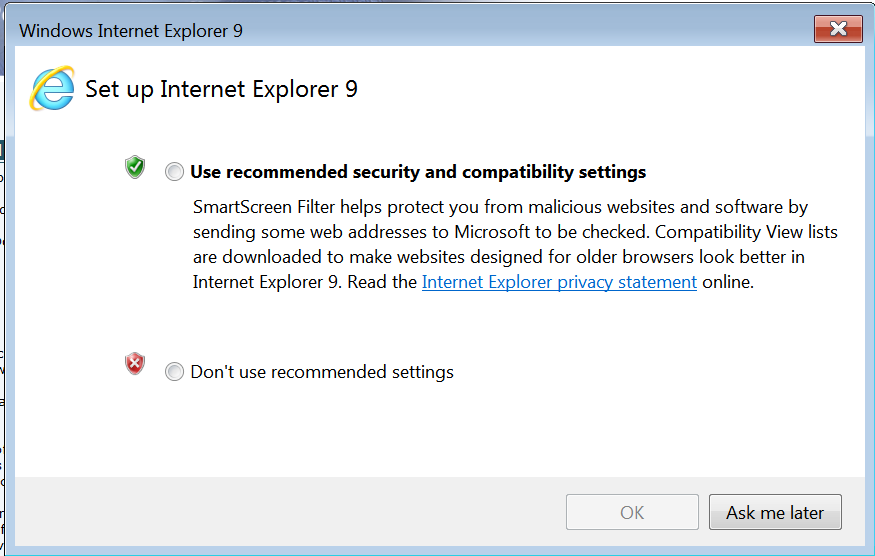internet explorer 9 use recommended security and compatibility settings